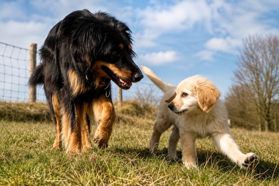 Volwassen Hovawart met een pup